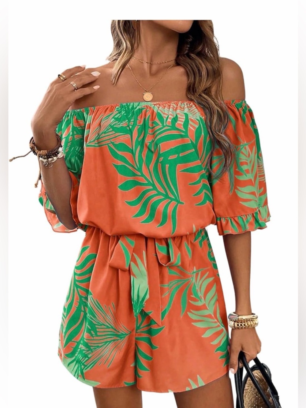 Off-Shoulder Paisley Romper in Cream & Teal